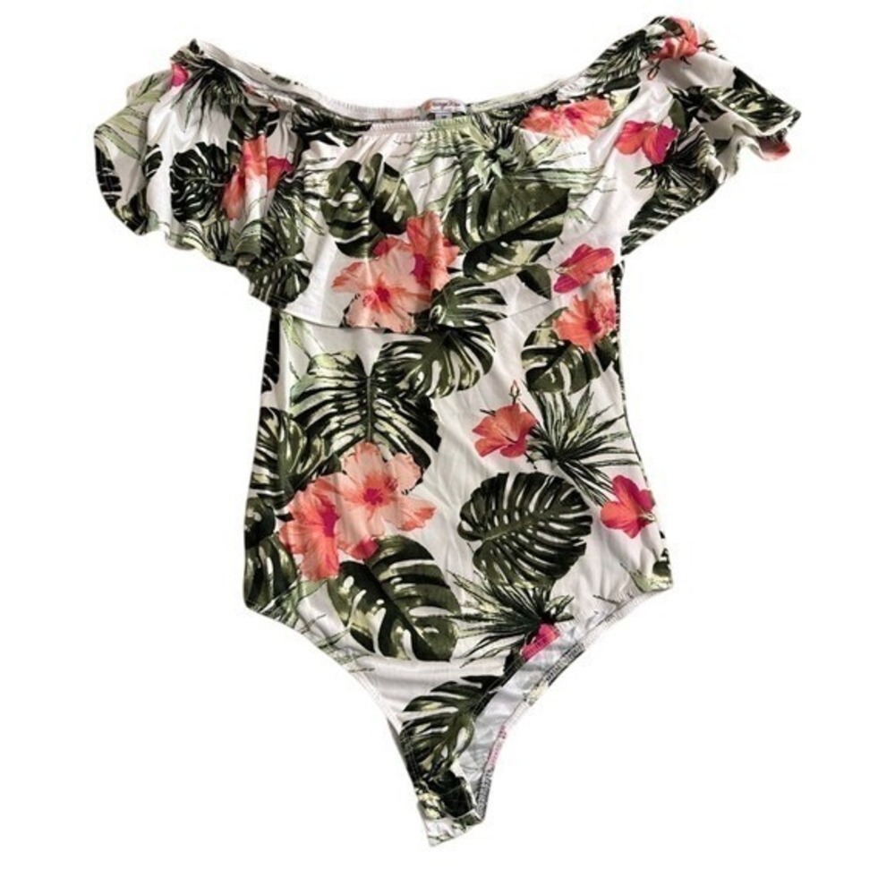Orange Kiss Tropical Floral Off The Shoulder Ruffle Bodysuit M